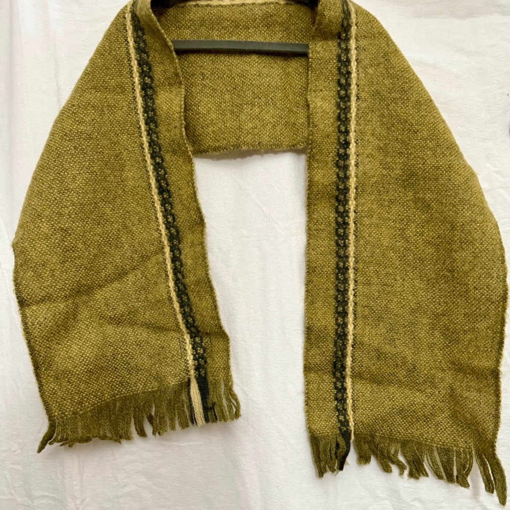 Vintage Eton of Sweden Wool Scarf Olive Green Striped Swedish Made Fringe